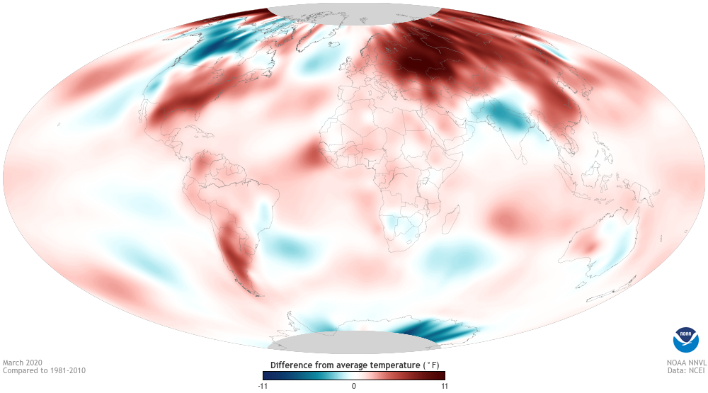 World map showing March 2020 temperatures anomolies