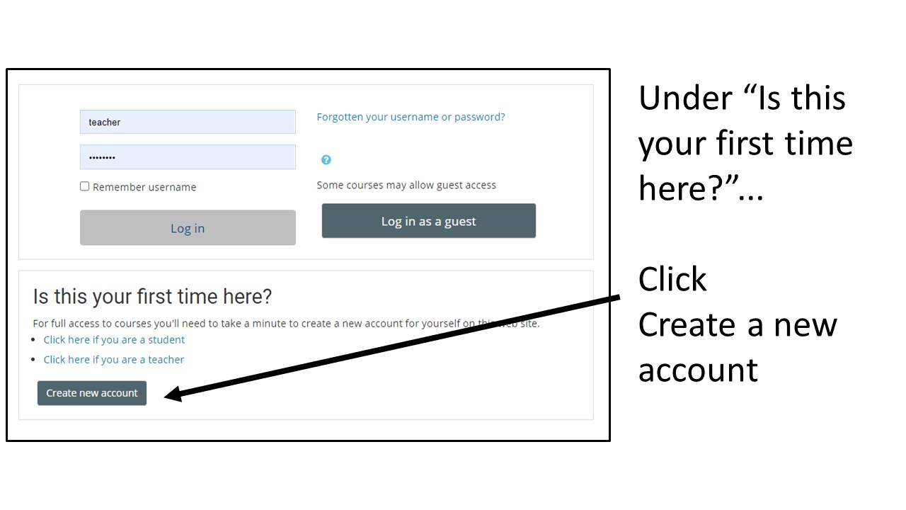 Image: Screenshot of screen to log in or create an account in Chesapeake Exploration, arrow pointing to the “Create new account” button; Text: Under “Is this your first time here?”…Click Create a new account