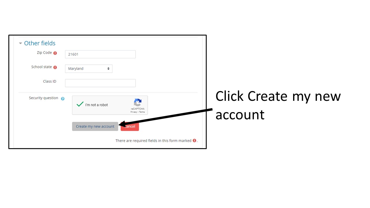 Image: Screenshot of new account form, arrow pointing to “Create my new account” button Text: Click Create my new account